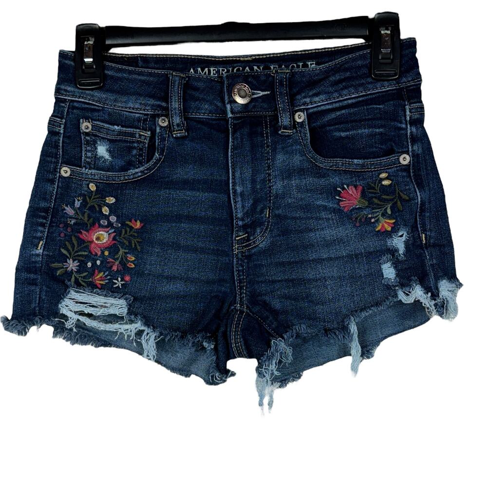 American Eagle SZ 2 Hi-Rise Shortie Jean Shorts Floral Embroidered Distressed